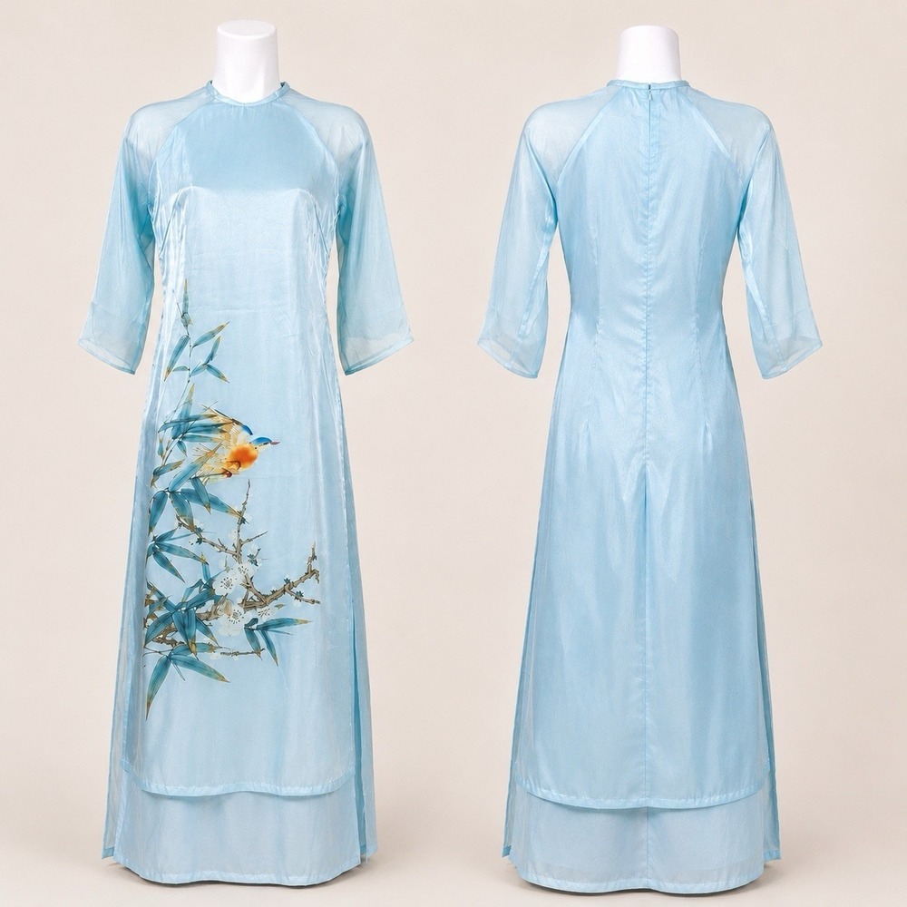 Vietnamese‎ Ao Dai Dress Blue Bird Floral Organza Sheer Maxi Gown M No Pants